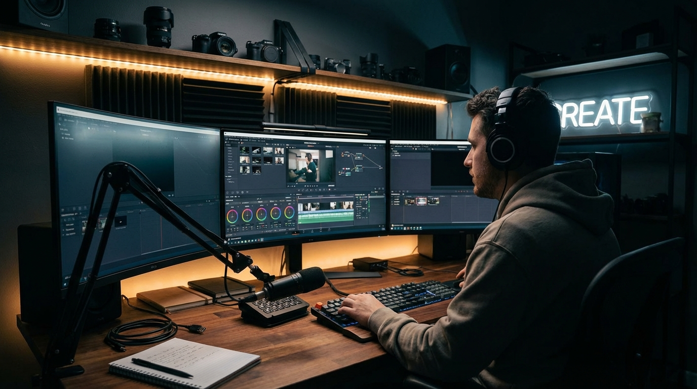 Kreator sedang melakukan proses editing video di workstation