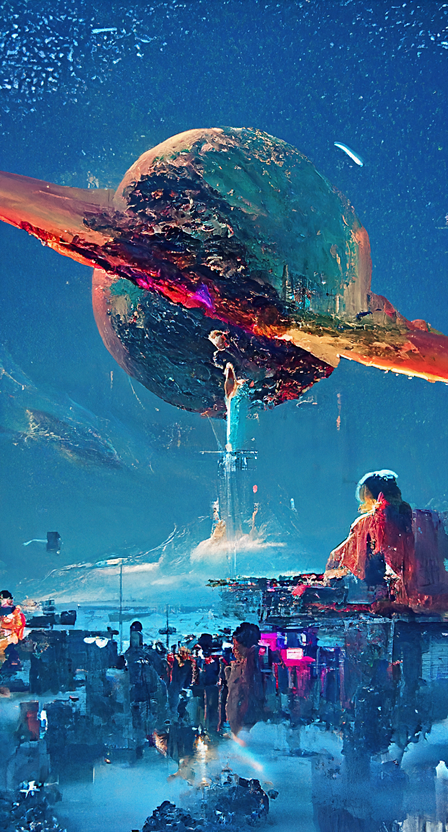 AI art of a planet in the sky with people watching 