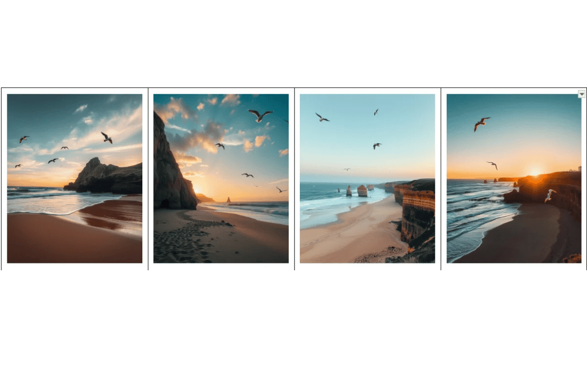 Una vista panoramica a quattro riquadri di una spiaggia al tramonto con uccelli in volo e formazioni rocciose.