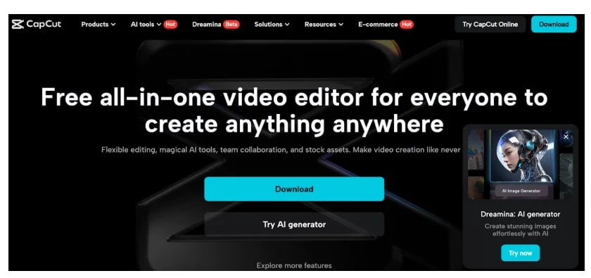 Homepage di CapCut
