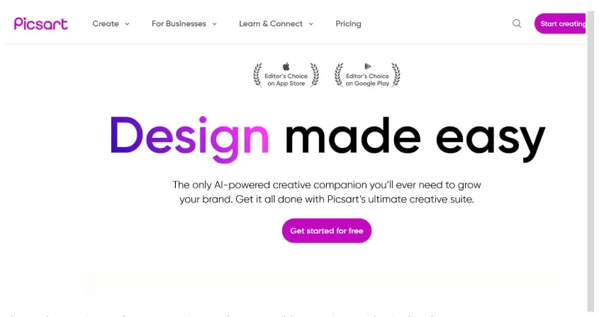 Homepage di Picsart