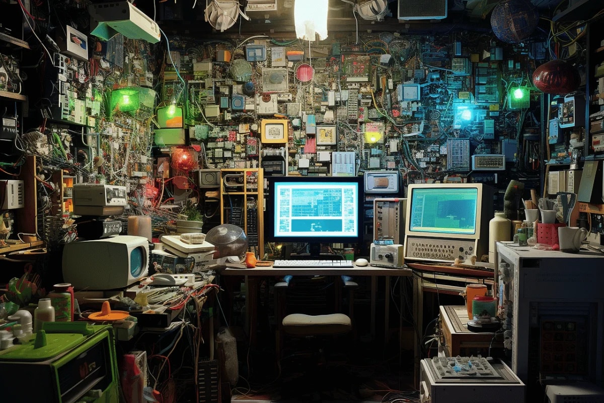 Spazio di lavoro caotico di un hacker pieno di computer, cavi ed elettronica.