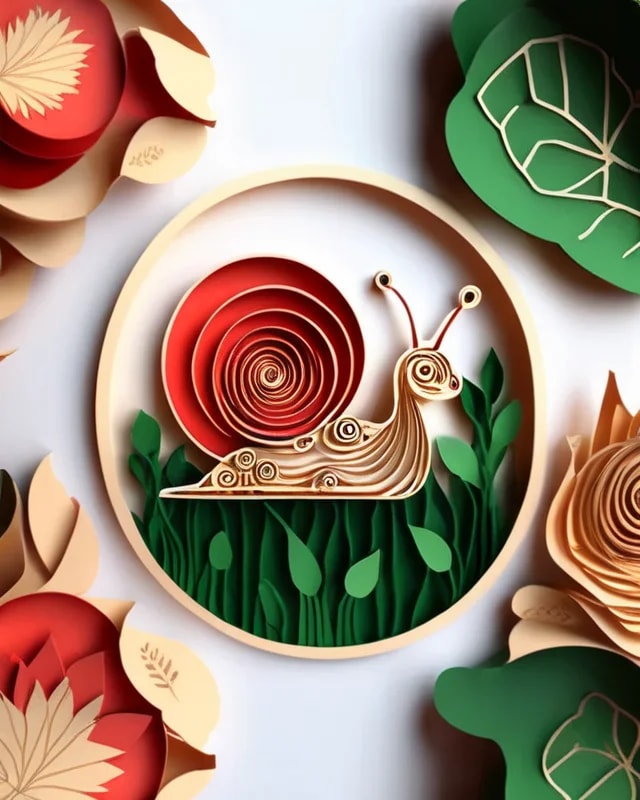 A colorful paper quilled snail surrounded by vibrant foliage in a circular frame, showcasing intricate details and textures.
