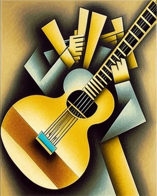 A stylized geometric image of a musician holding an acoustic guitar, with bold colors and shapes emphasizing rhythm and creativity.