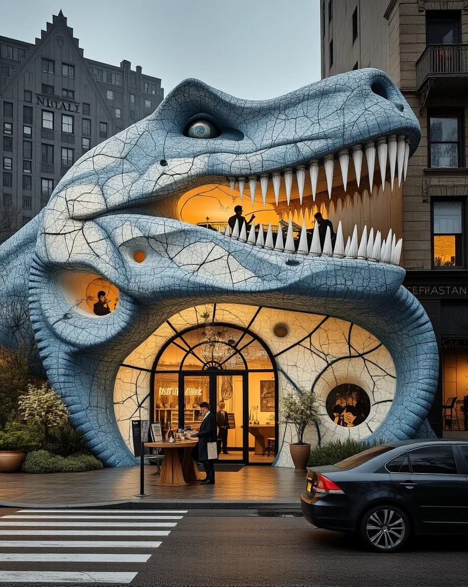 A colossal dinosaur-shaped building with sharp teeth serves as a unique entrance to a restaurant, set against a city backdrop.