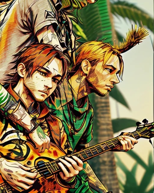 A vibrant illustration of a group of musicians, featuring intricate tattoos and tropical foliage, exuding a lively, creative energy.