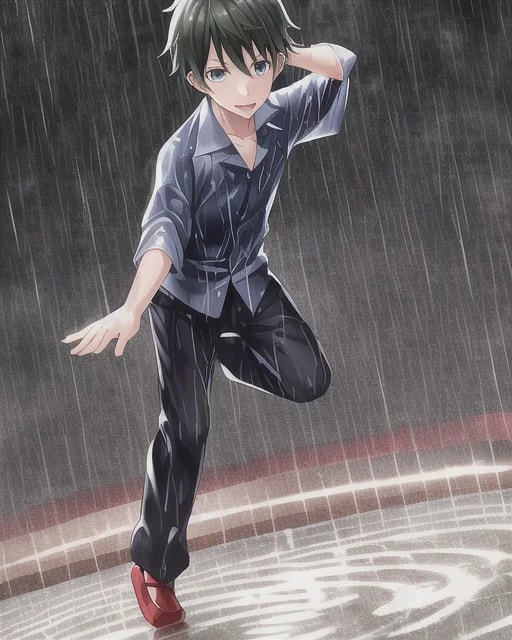 A person in a damp, rainy setting, wearing a blue shirt and black pants, striking a dynamic pose on a circular pattern below.