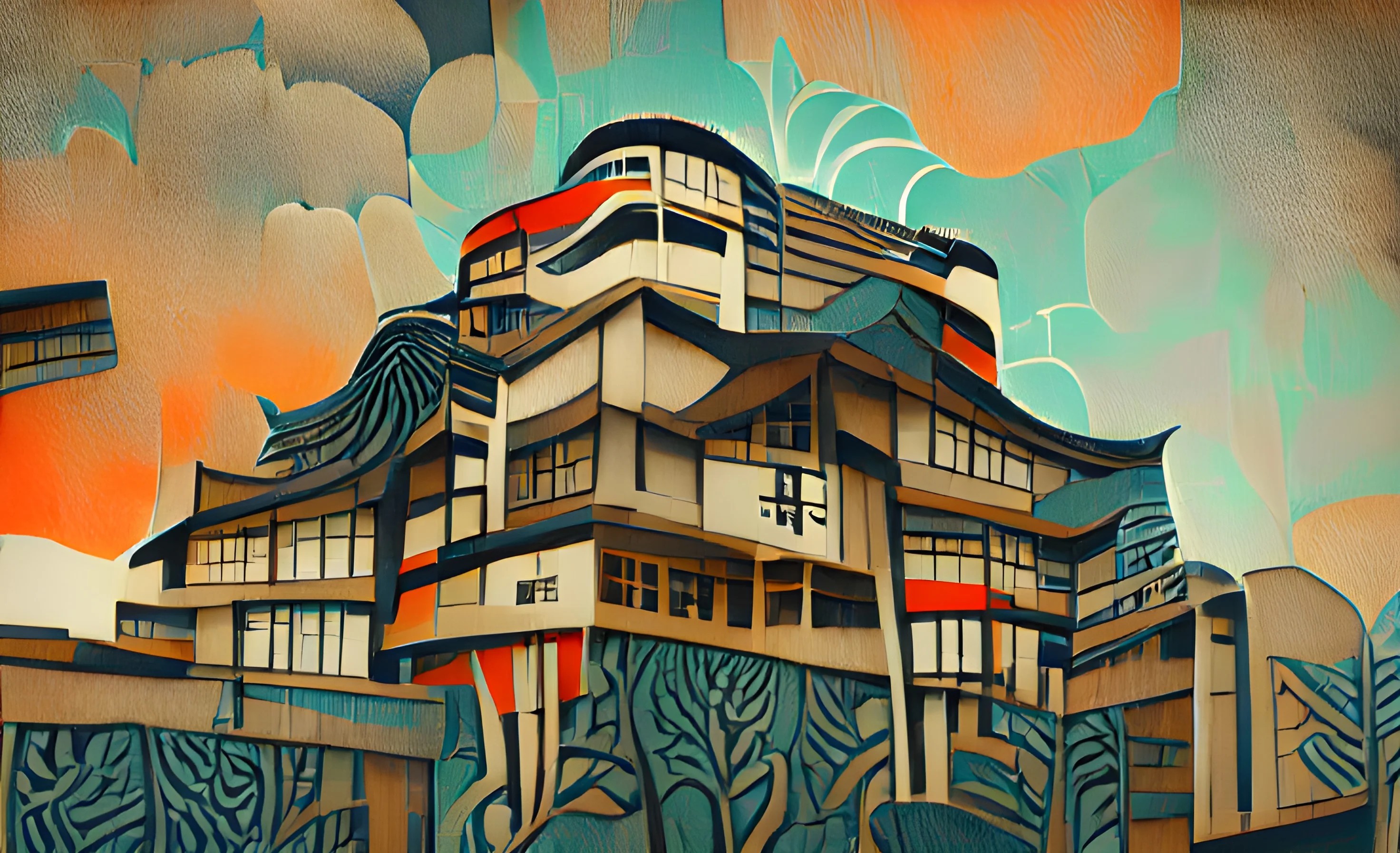 A stylized building with a unique architectural design, featuring curved roofs and large windows, against a colorful abstract sky.