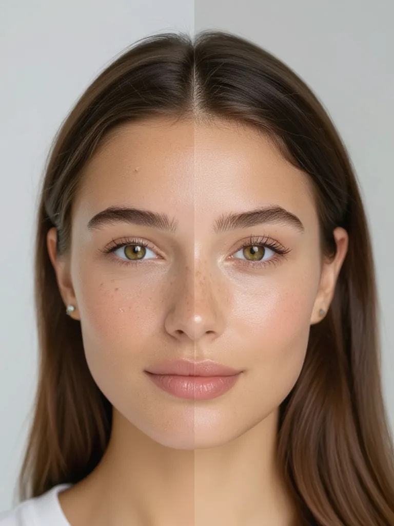 Create a split portrait where the left half shows the original face and the right half shows the swapped face with perfect alignment
