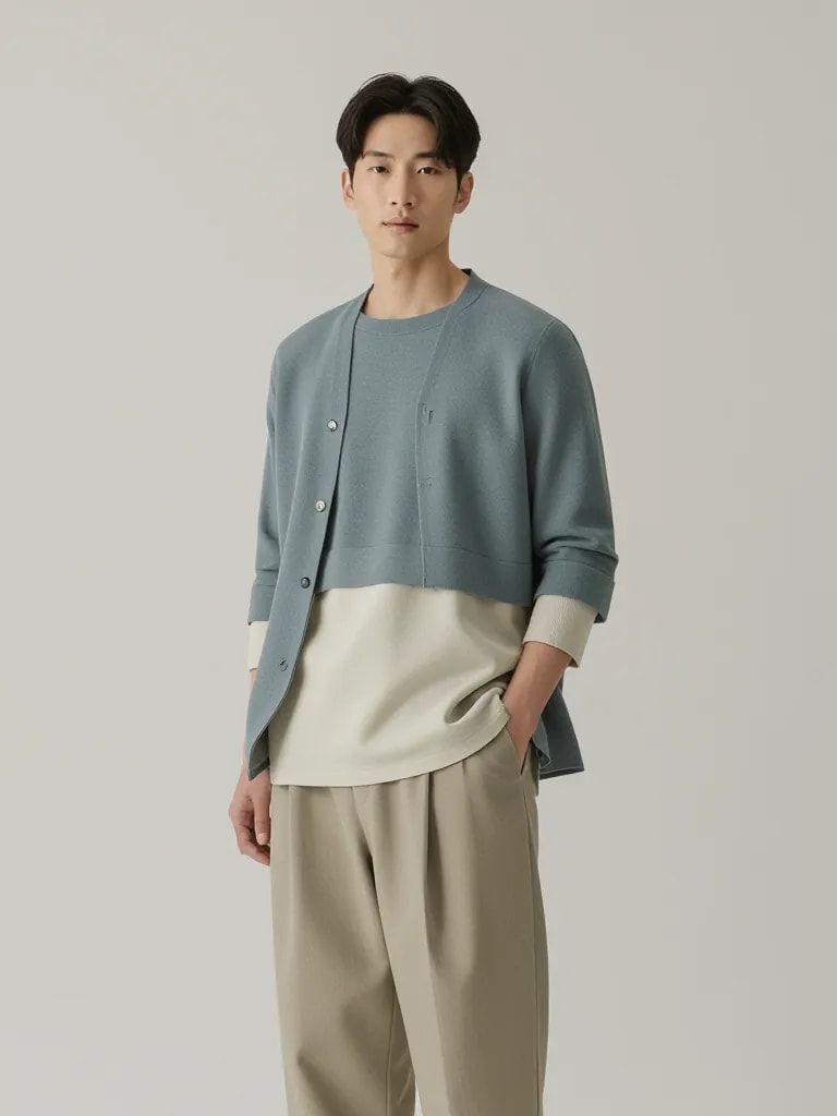 Man in moderne Koreaanse familiestijl, gelaagde top, wijde broek, zachte kleuren