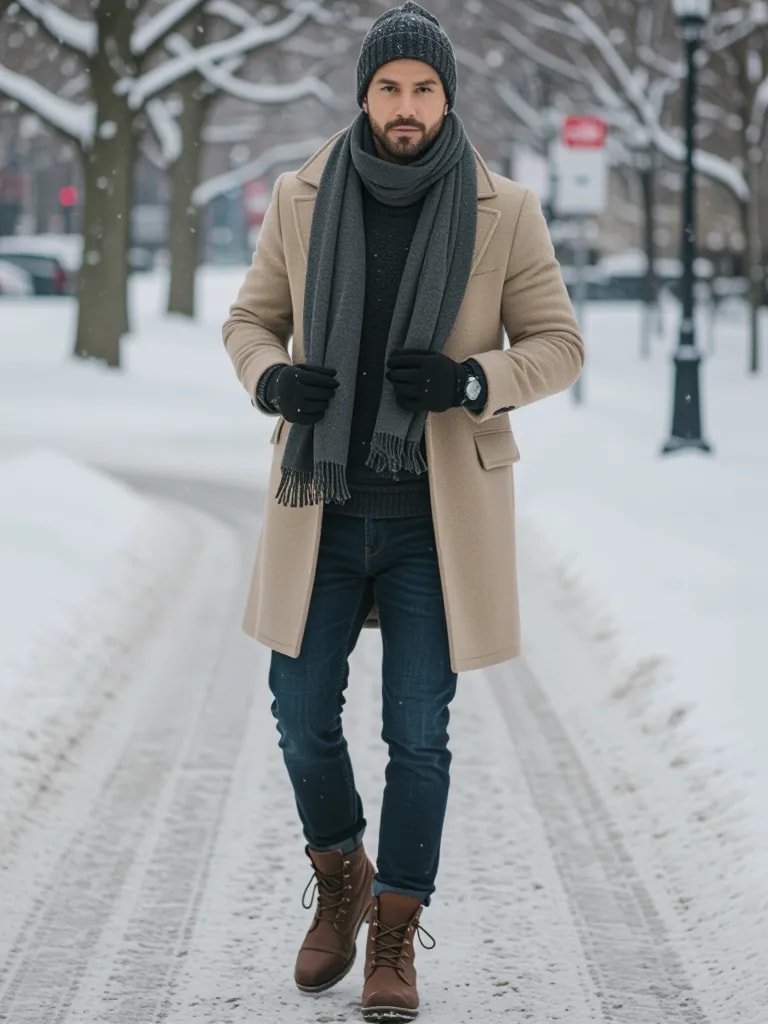 Man in winteroutfit, lange jas, sjaal, trui en laarzen