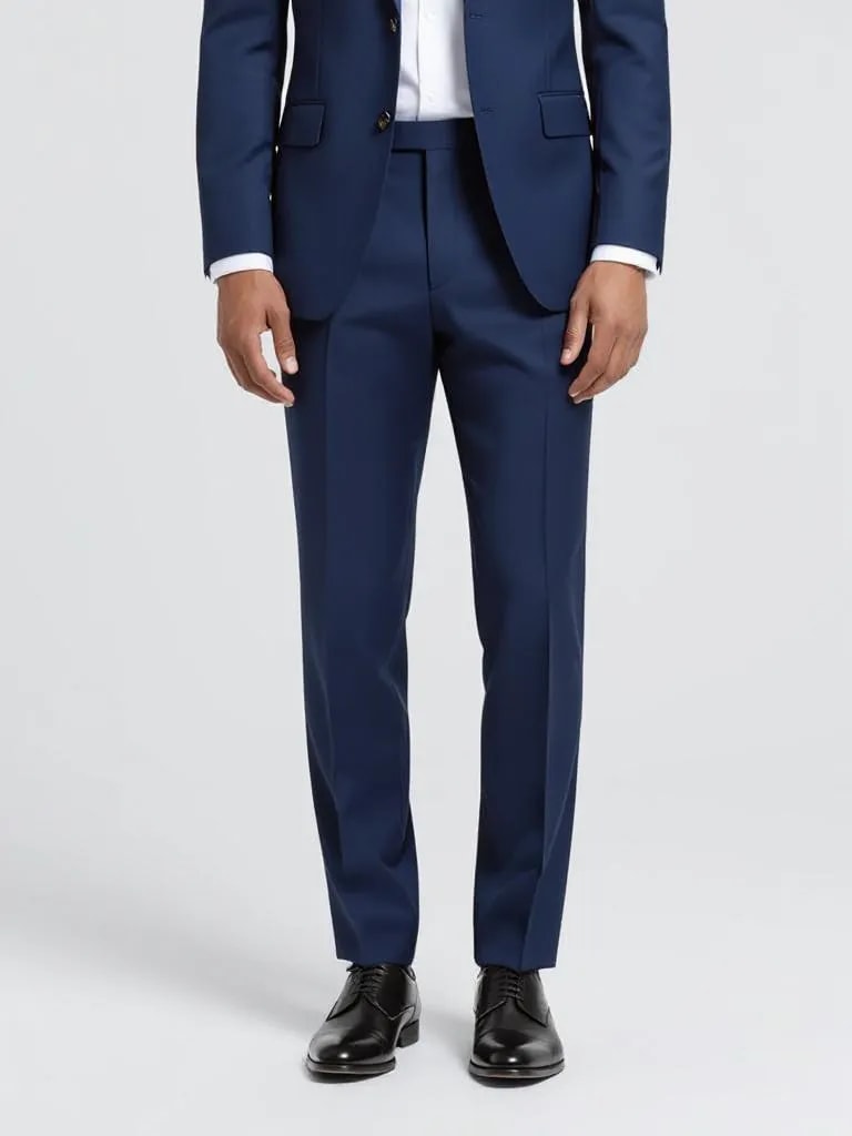 Man die een navyblauw pak draagt met een wit overhemd en gepoetste nette schoenen