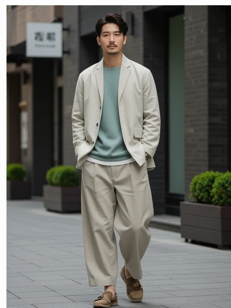 Man in moderne Koreaanse familiestijl, gelaagde top, wijde broek, zachte kleuren