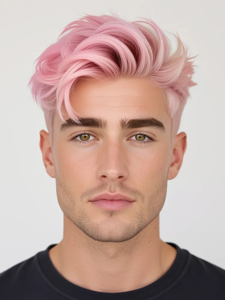 Hombre con cabello rosa pastel, coloración suave, mezcla realista