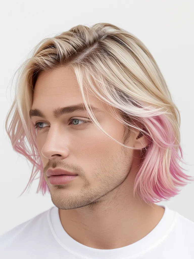 Hombre con cabello rubio y degradado rosa pastel en las puntas
