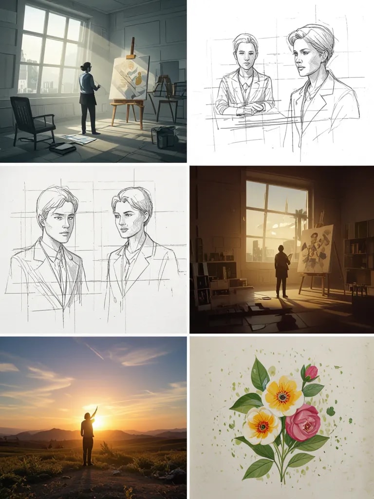 Collage creativo que muestra bocetos conceptuales transformándose en imágenes terminadas, poca profundidad de campo, luz cinematográfica