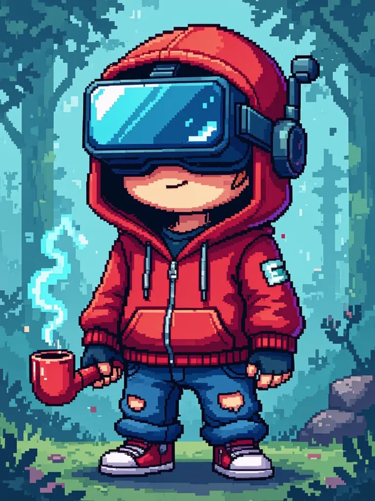 Personaje de pixel art con rasgos raros como gafas de realidad virtual, sudaderas con capucha y pipas