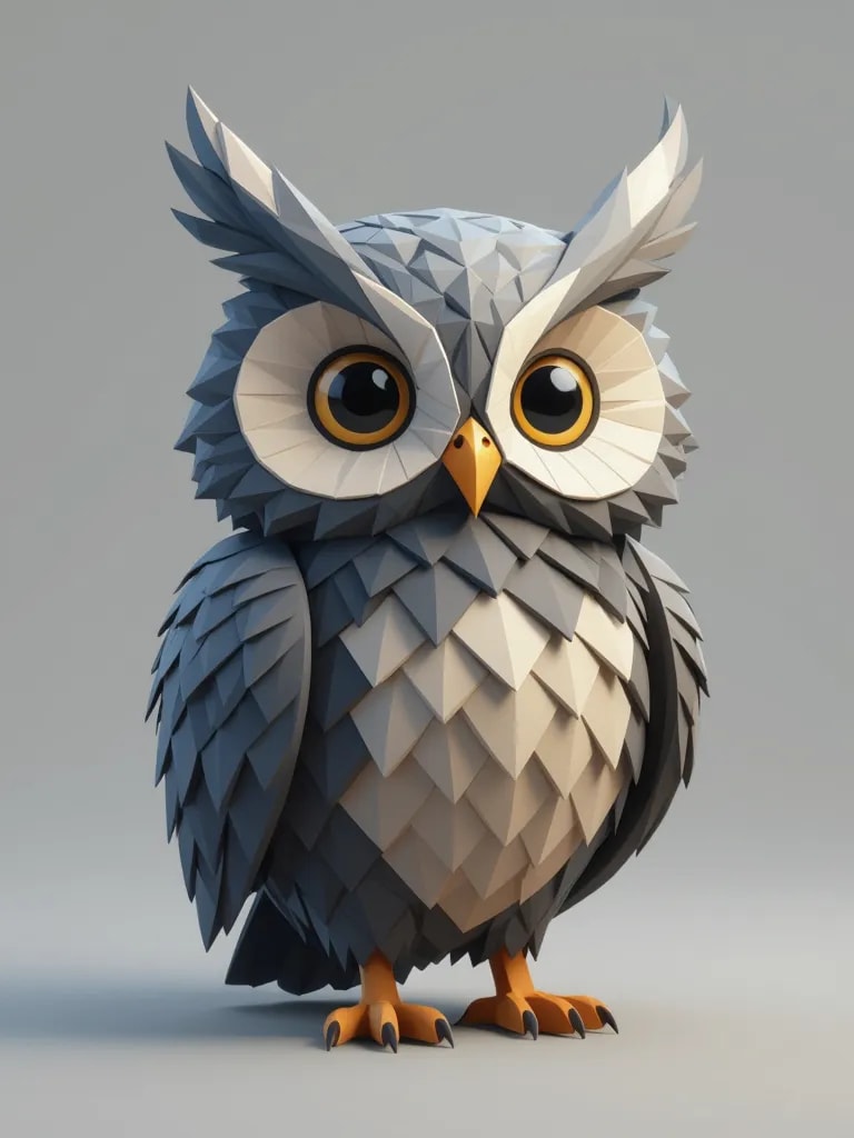 Personaje de búho estilizado con rasgos geométricos, plumas texturizadas y aspecto de serie coleccionable