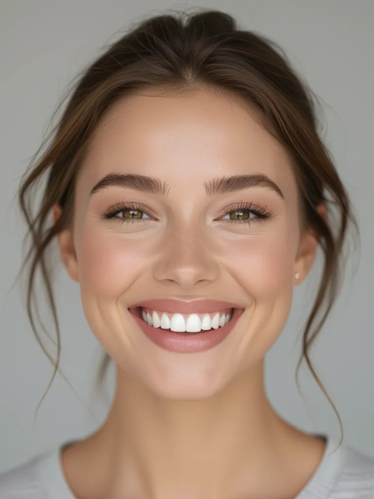 Close-up smiling portrait, wide smile showing teeth, photorealistic style, studio lighting