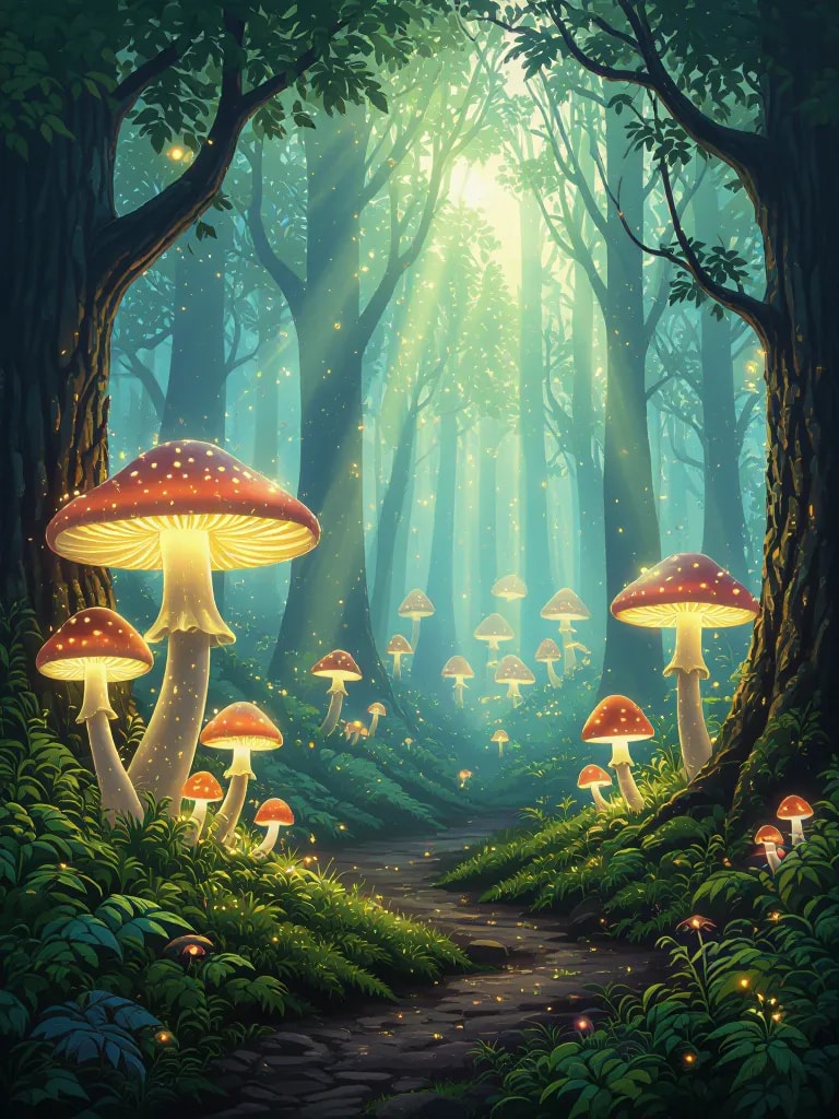 A fantasy forest with glowing mushrooms and ethereal light beams.