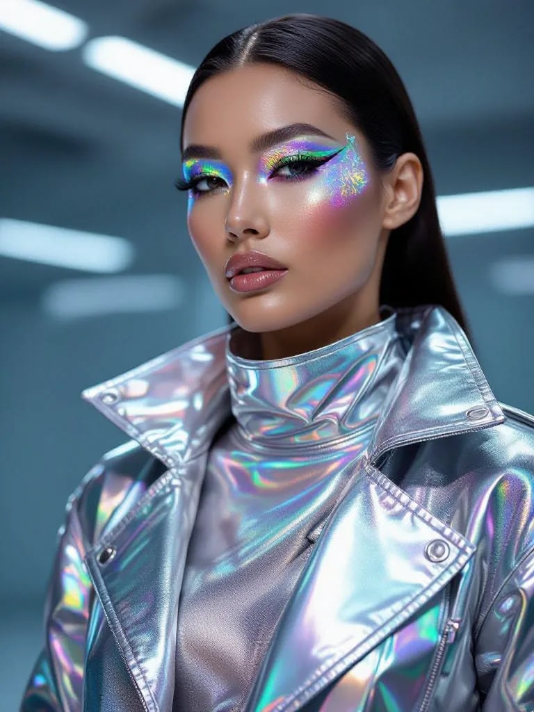 A futuristic fashion model wearing metallic clothing and holographic makeup.