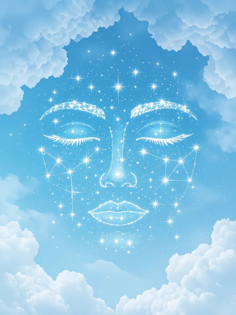 “A night sky full of stars forming a face, constellation illusion, dreamy atmosphere”