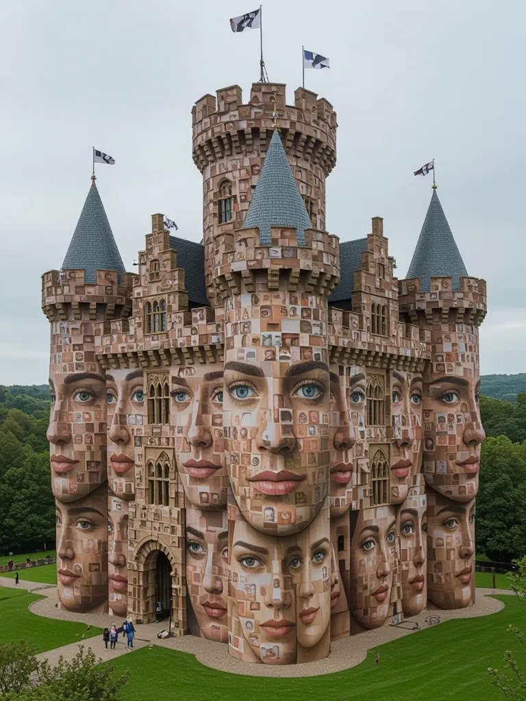 “A castle built entirely out of human faces, intricate optical illusion made from repeated patterns”