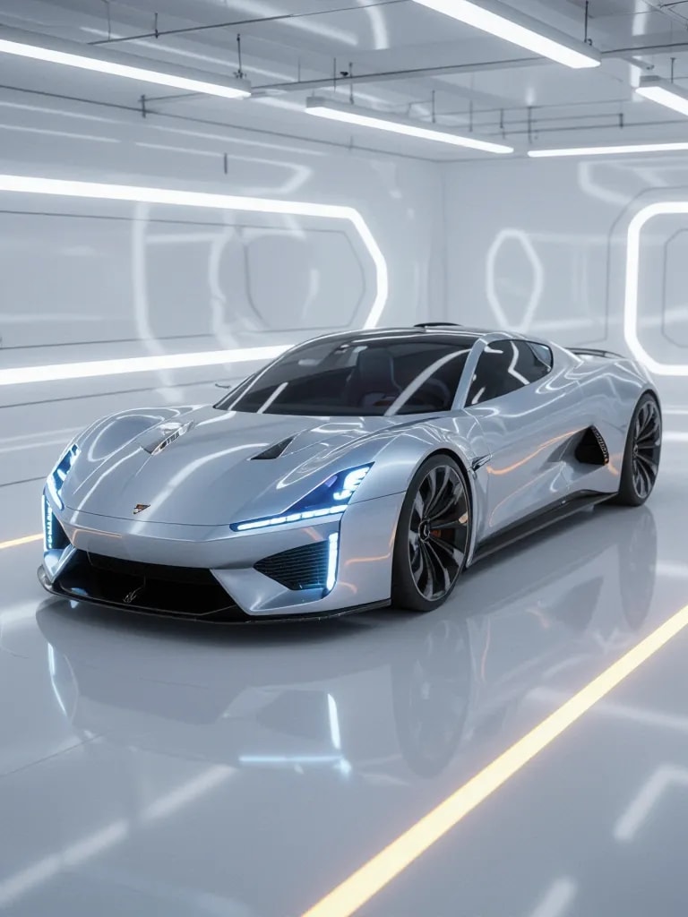 “sleek futuristic sports car design, glossy reflections, dynamic angle, concept render”