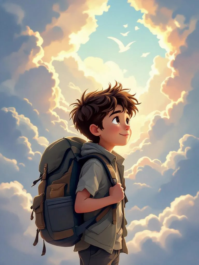 “Póster de héroe al estilo Disney de un niño pequeño con mochila, temática de aventura, iluminación dinámica, cielo y nubes mágicas”
