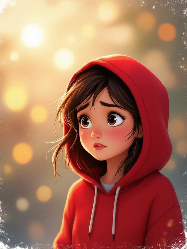 “Póster al estilo de película de Disney de una niña con sudadera con capucha roja, fondo brillante de ensueño, expresión emocional estilo Pixar, textura animada”
