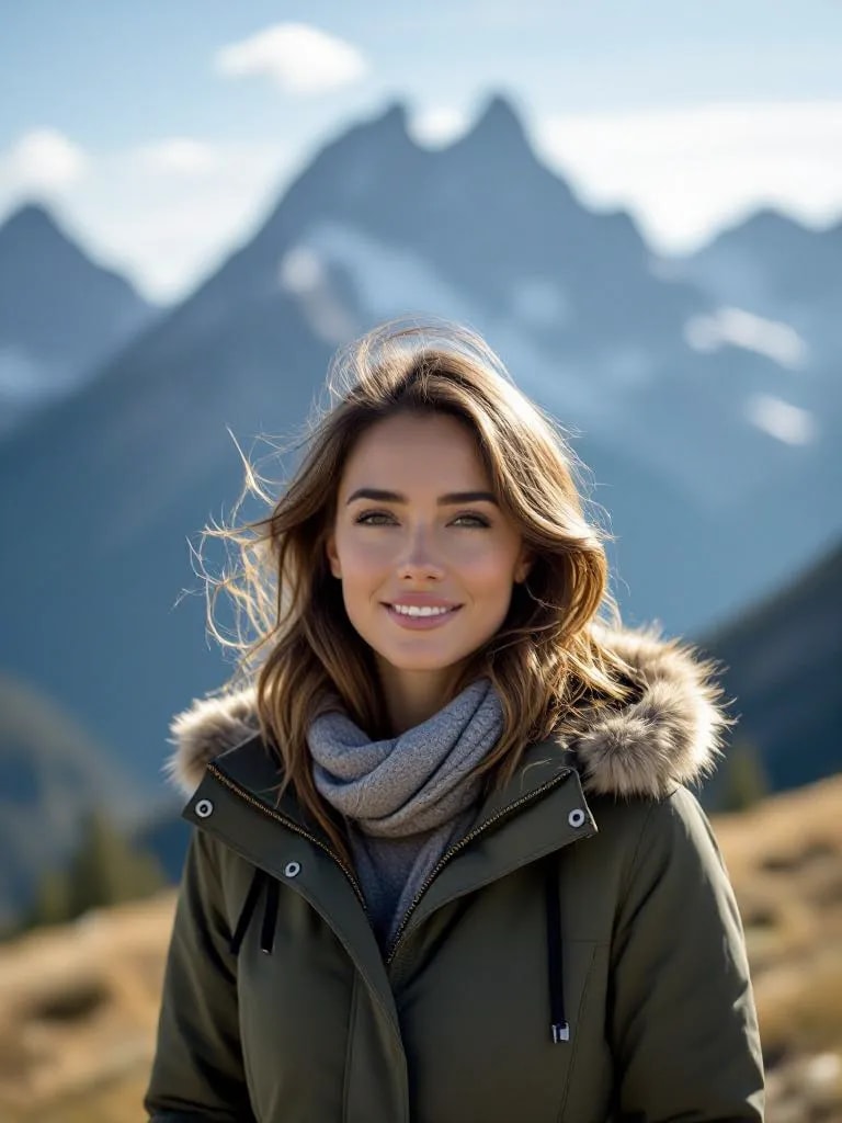 persona di riferimento, sfondo montagne all'aperto, luce naturale del giorno, texture dell'aria frizzante, esposizione bilanciata, tonalità della pelle preservata, dettaglio dei capelli mossi dal vento, gradazione cinematografica morbida, composizione grandangolare