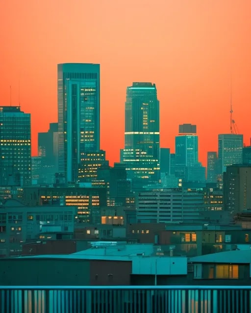 City skyline at dusk with cinematic color grading in teal and orange tones