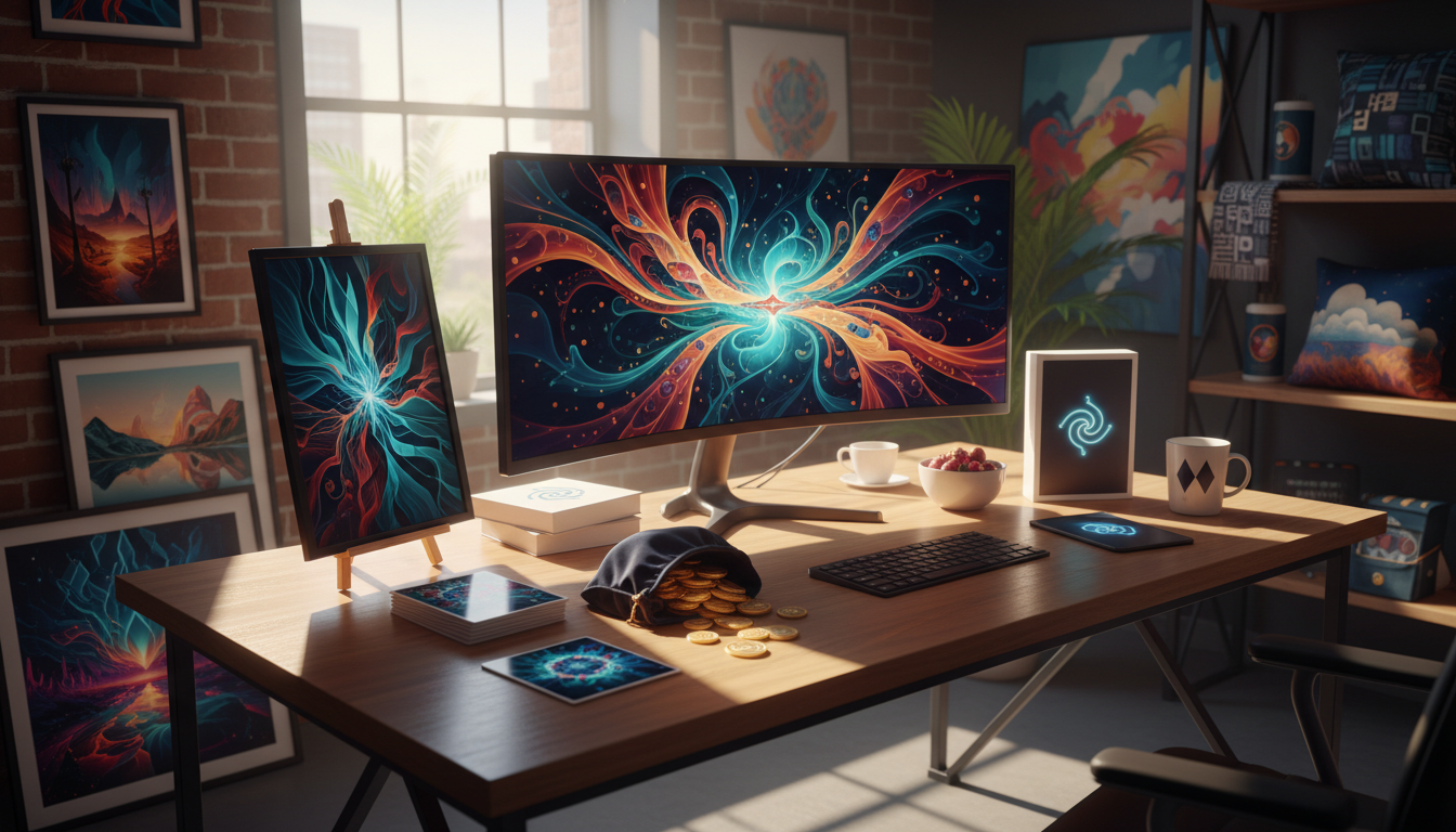 Editorial illustration of a creator turning AI artwork into a polished marketplace-ready product.