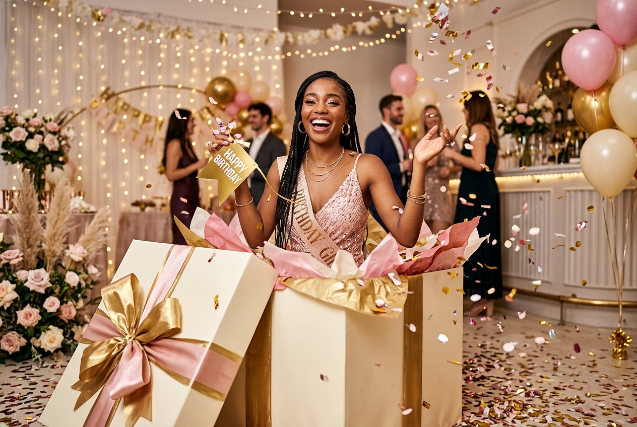 Gift-box reveal visual for the birthday AI trend