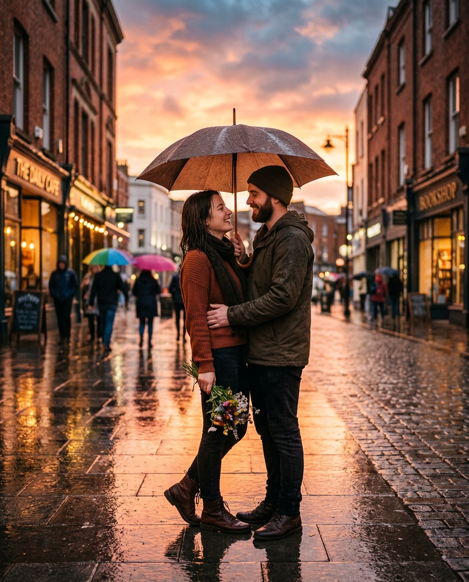 Romantic rainy sunset portrait concept