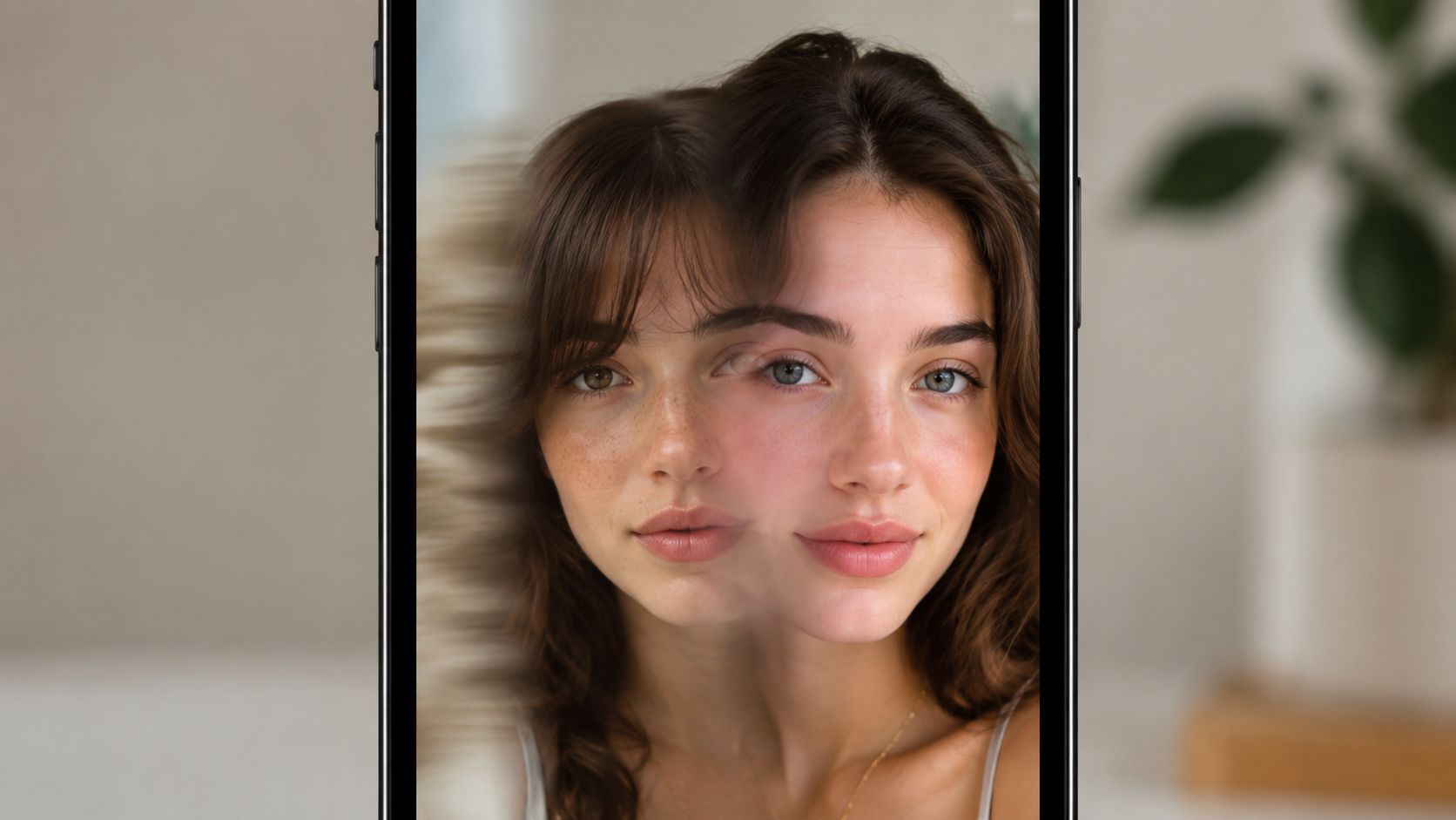 A close-up view on a smartphone screen showing a woman with a motion blur transition effect applied.