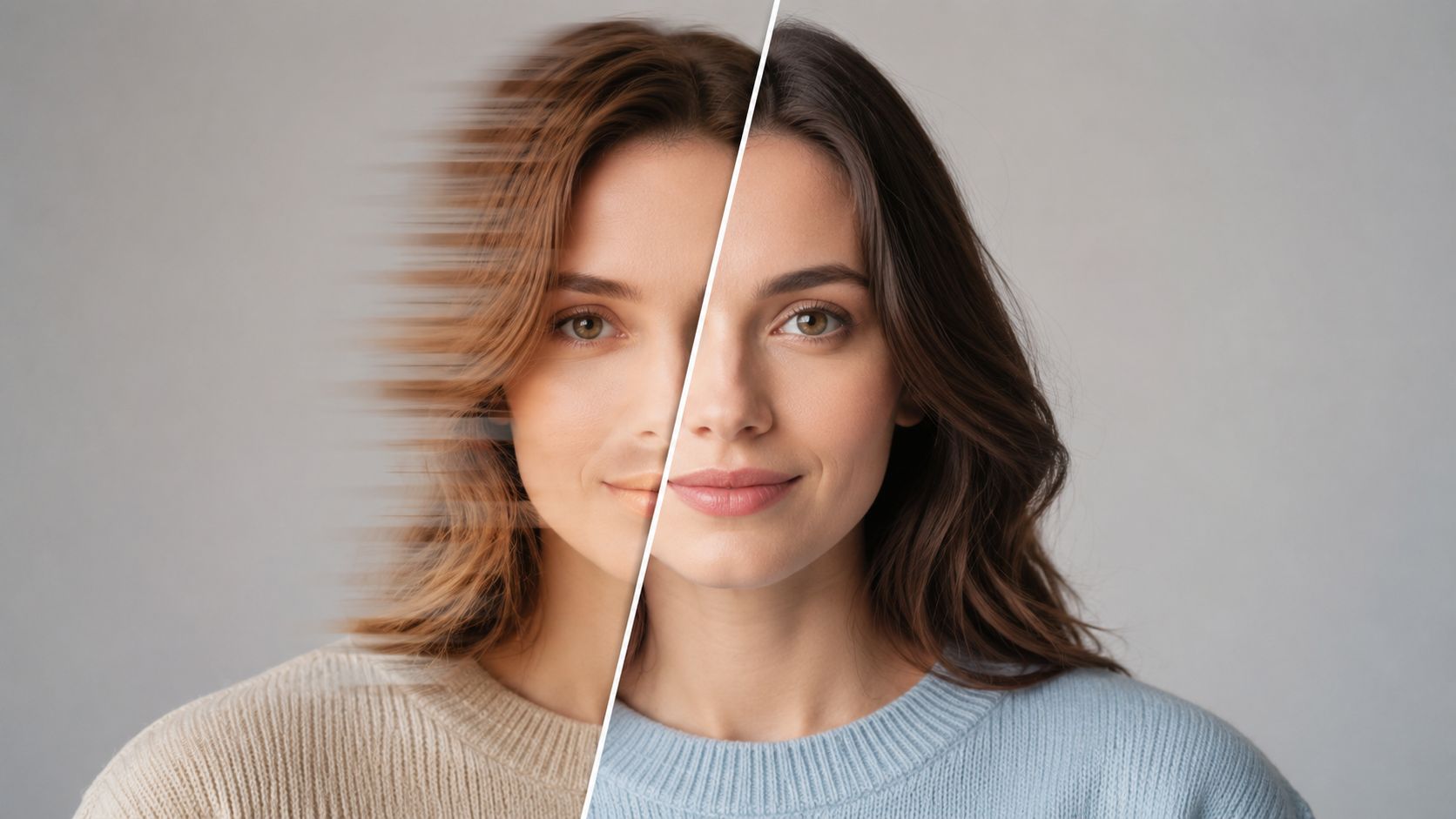 A woman's face shown in a split-screen with a motion blur effect on one side.
