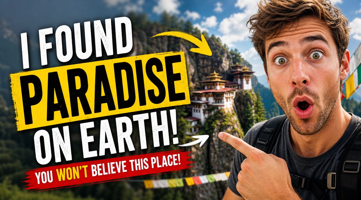 A travel vlogger with an excited expression pointing towards the Paro Taktsang monastery on a cliffside.