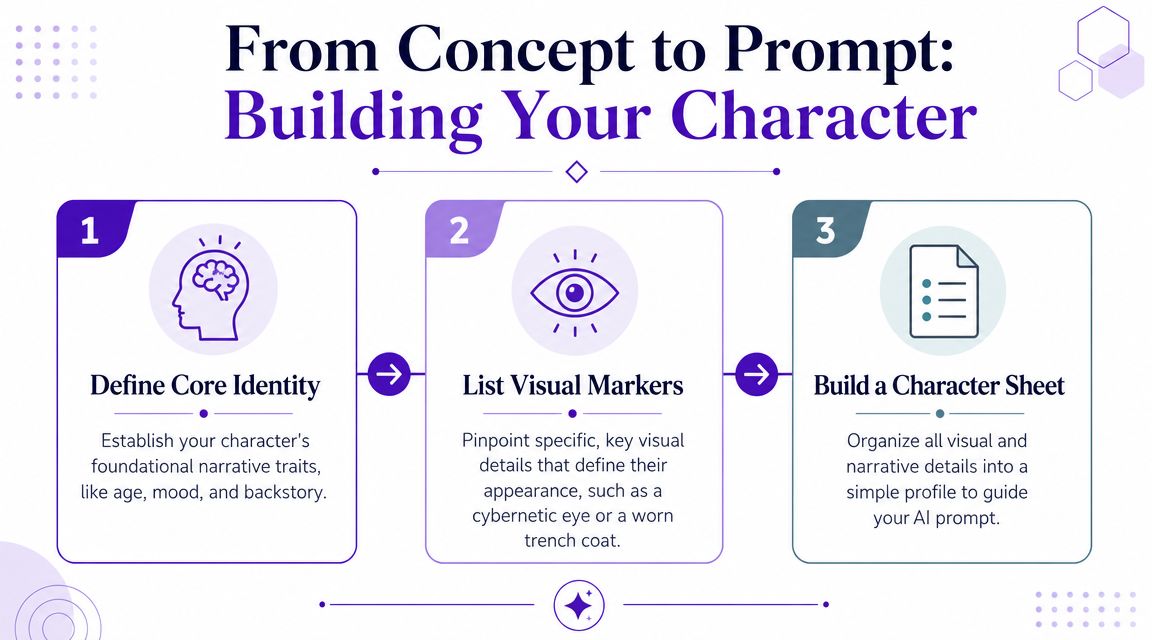 A three-step infographic on building a character from concept to prompt for AI image generation.