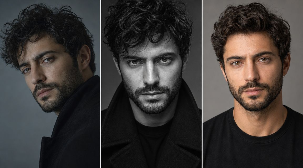 A professional portrait collage of the same handsome man with curly hair and a short beard.