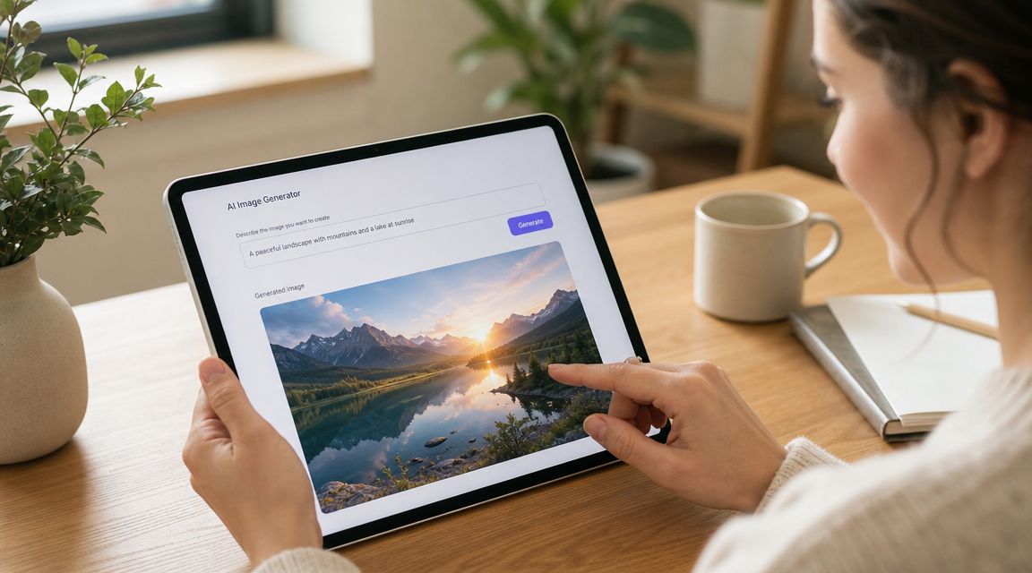 A person using an AI image generator on a tablet to create a landscape photo at sunrise.