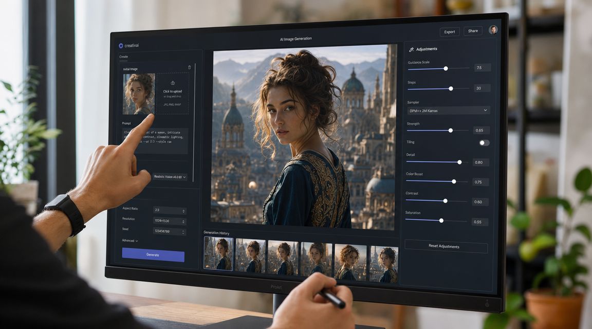 A person using a stylus on a monitor displaying an advanced AI image generation software interface.