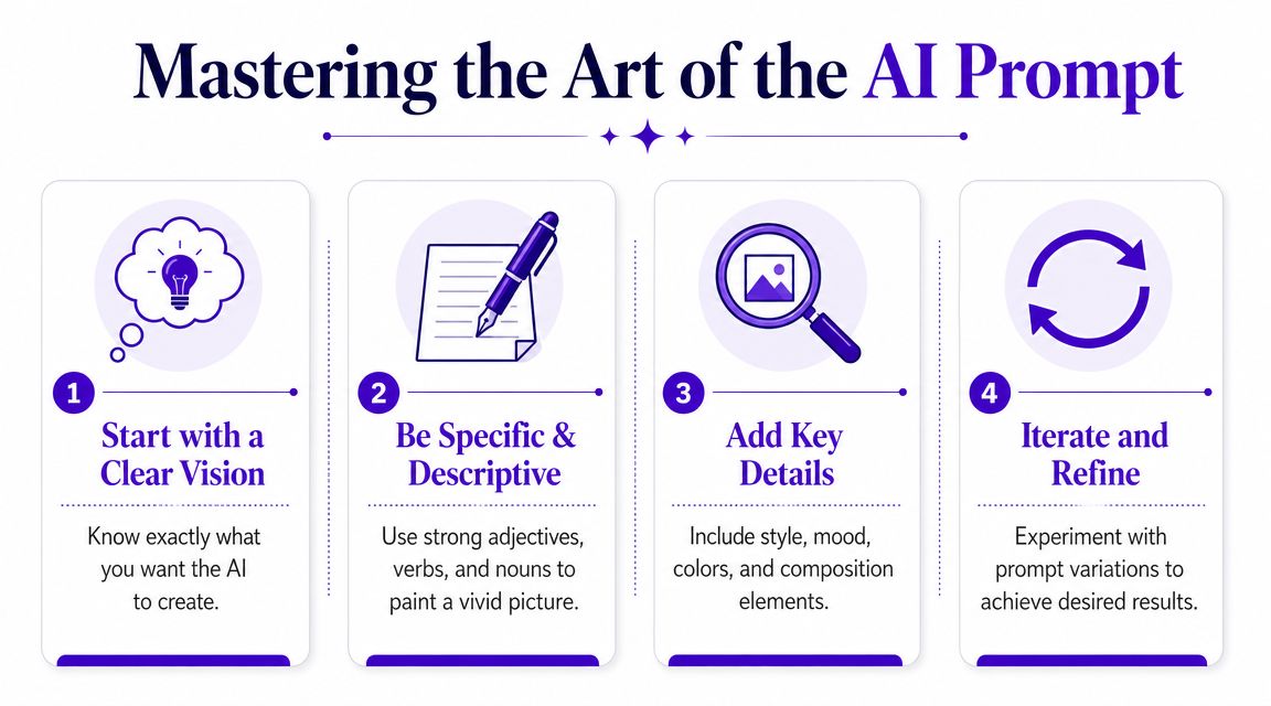 An infographic titled Mastering the Art of the AI Prompt with four numbered steps for better prompting.