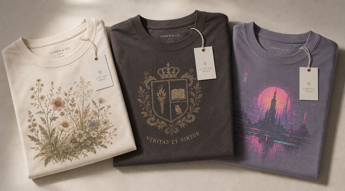 Three folded cotton t-shirts featuring unique artistic graphic designs displayed on a neutral, textured surface background.