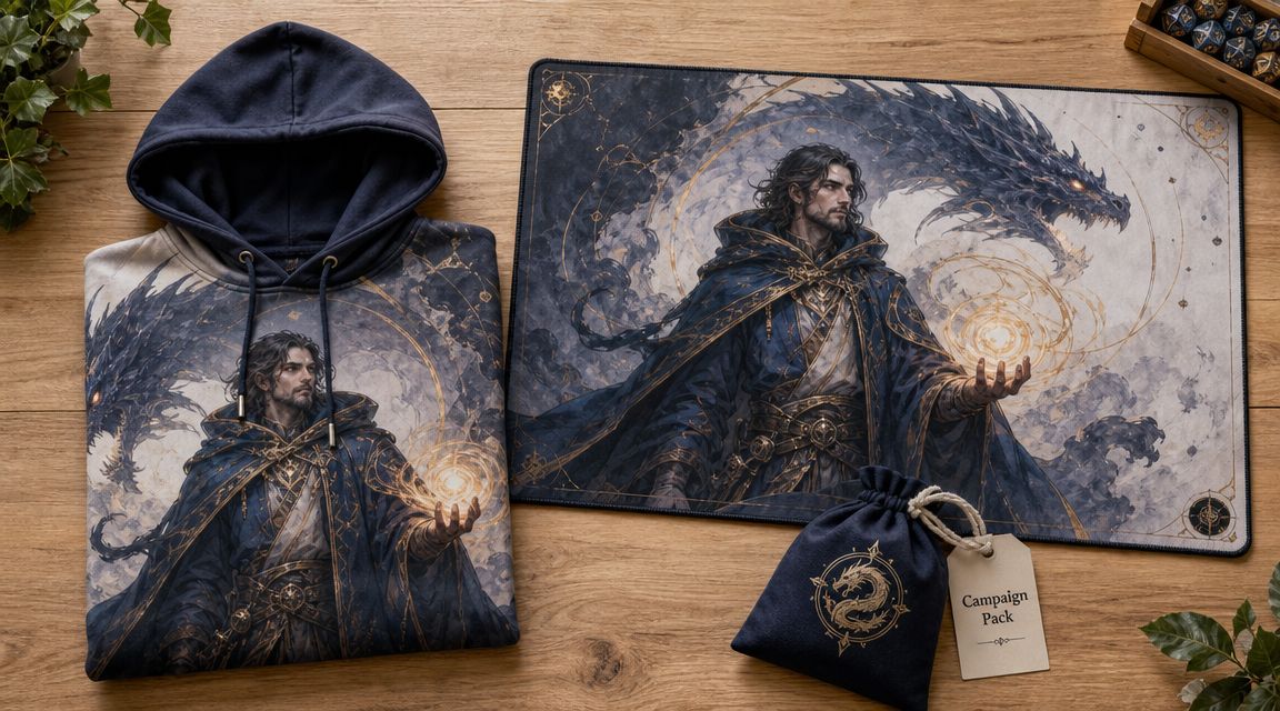 A fantasy-themed merchandise set including a wizard-patterned hoodie, desk mat, dice bag, and polyhedral dice on wood.