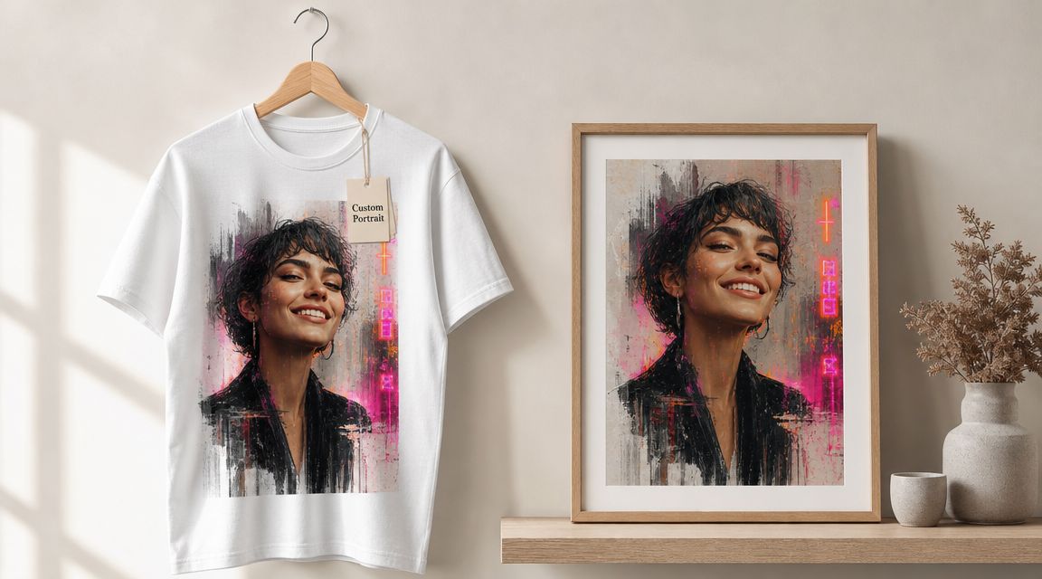 A white t-shirt featuring a stylized artistic portrait next to a framed version of the same artwork.