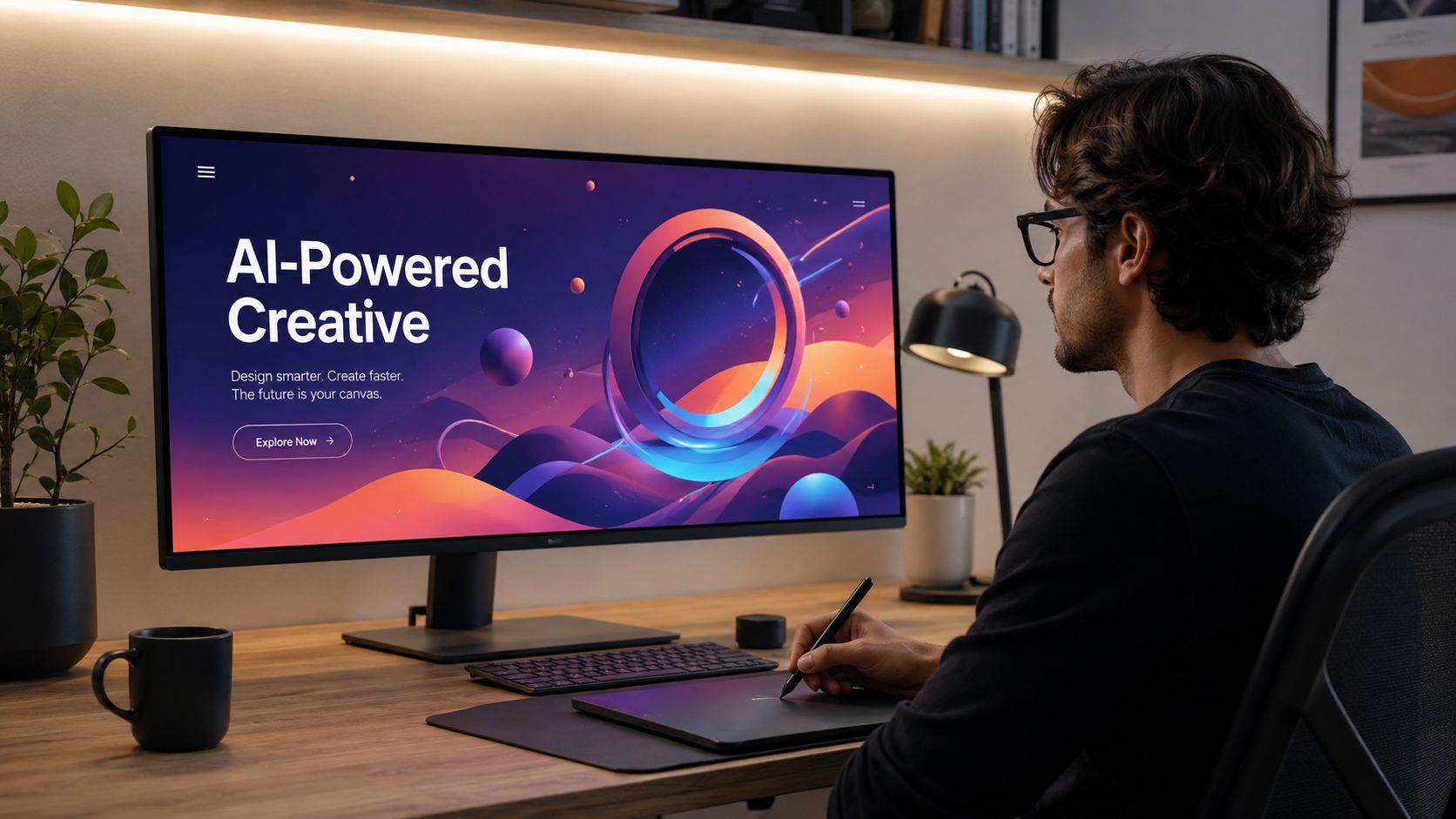 A professional designer using a digital drawing tablet while looking at an AI-powered creative software interface.