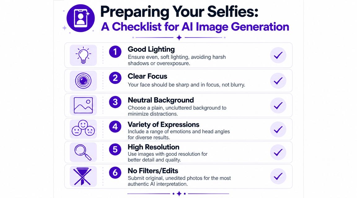 A checklist infographic titled Preparing Your Selfies for AI image generation with six essential tips and icons.