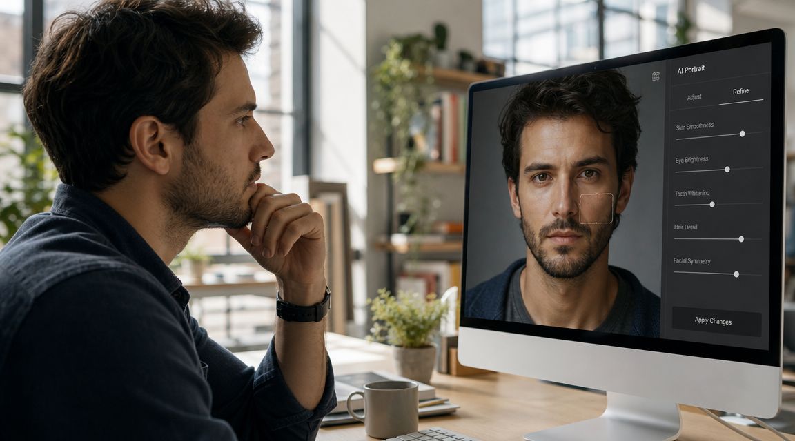 A man looking at a computer screen showing an AI portrait editing interface of himself.