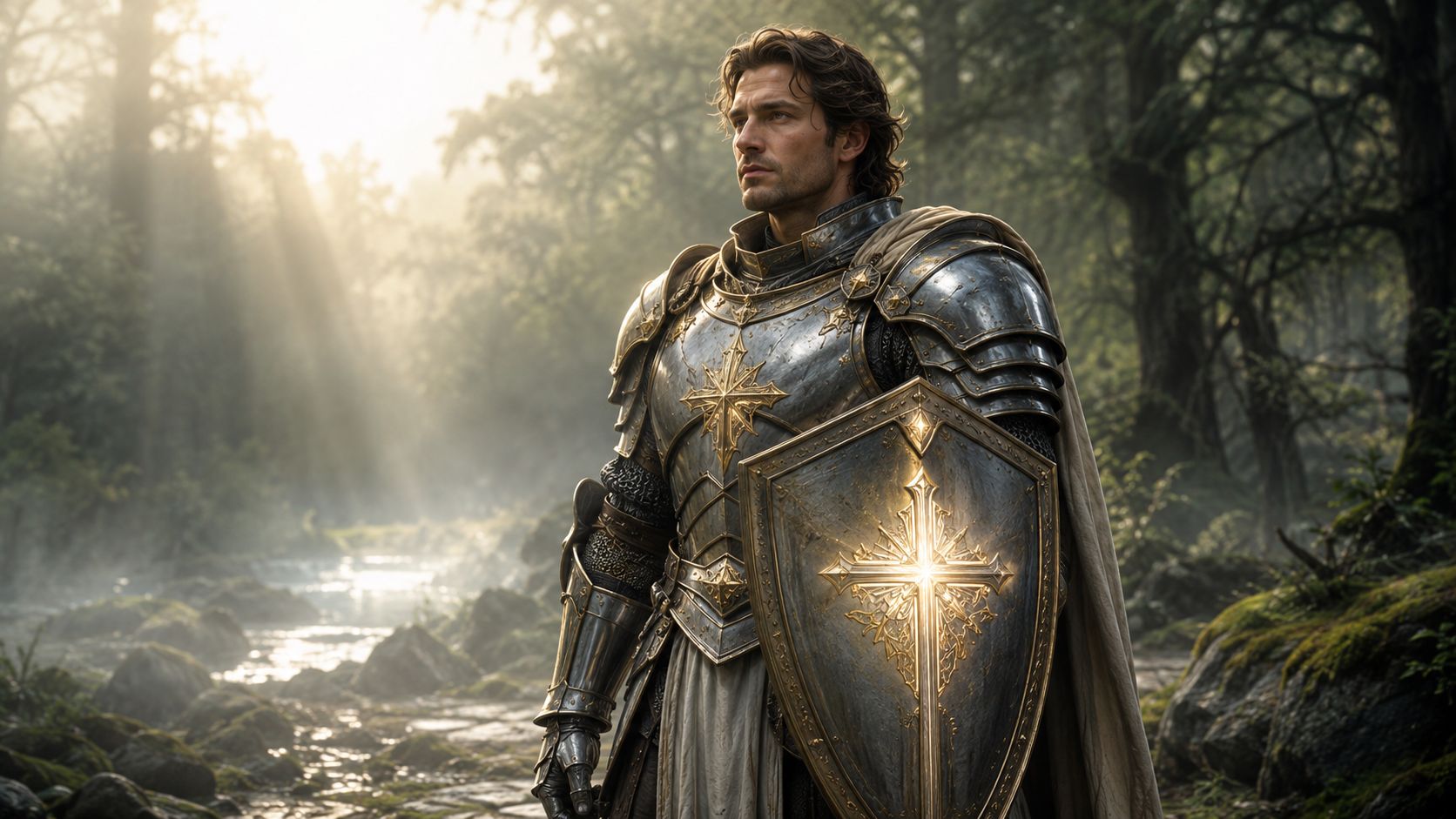 A handsome knight in shining armor with a golden cross emblem, standing in a sunlit forest.